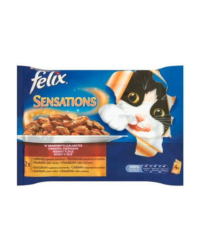 FELIX Sensations 4x100g: 2 xs s hovädzím mäsom v želé s rajčinami; 2x s kuracím mäsom v želé s mrkvou