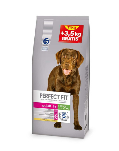 PERFECT FIT Adult (1+ lat) Bohaté na kuracie mäso pre psov stredných a veľkých rás 11 + 3,5 kg GRATIS