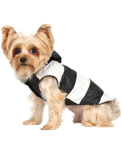 Doggy Dolly Pruhovaná bunda s kožušinovou kapucňou, čierno / biela, M 28-30 cm/41-43 cm