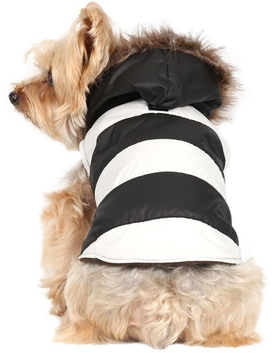Doggy Dolly Pruhovaná bunda s kožušinovou kapucňou, čierno / biela, M 28-30 cm/41-43 cm