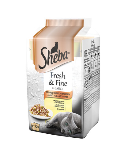 SHEBA Fresh & Fine pre mačky v omáčke (s kuracím mäsom a hráškom, s moriakom a mrkvou, s hydinou)  6x50g