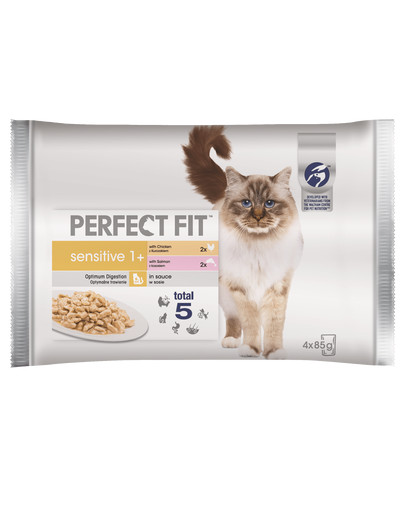 PERFECT FIT Sensitive 1+  pre mačky, kuracie mäso a losos 4x85 g