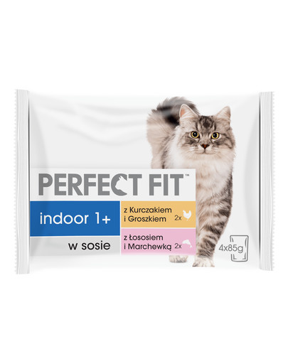 PERFECT FIT Indoor 1+ krmivo pre mačky, kuracie mäso, losos 4x85 g
