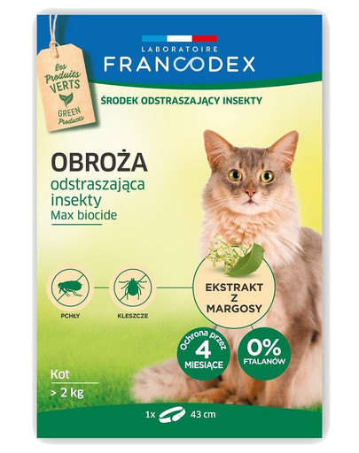 FRANCODEX Obojok odpudzujúci hmyz pre mačky s hmotnosťou nad 2 kg - 4 mesiace, 43 cm