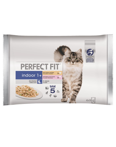 PERFECT FIT Indoor 1+ krmivo pre mačky, kuracie mäso, losos 4x85 g