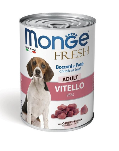 MONGE Fresh Dog paštéta a kúsky s teľacím 400g