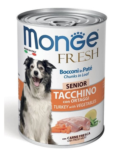 MONGE Fresh Senior paštéta s kúsky s morčacím 400g