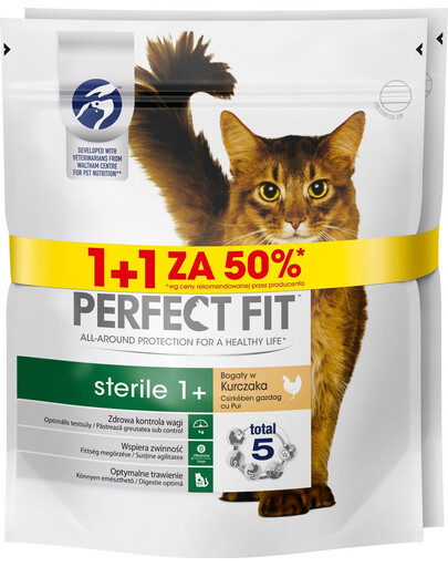 PERFECT FIT (Sterile 1+) 750g x 3 ks Bohaté na kurča - suché krmivo pre mačky po sterilizácii 1 + 50%
