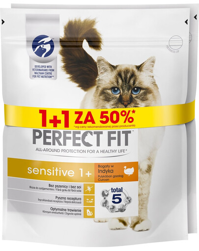 PERFECT FIT (Sensitive 1+) 750g x 3 ks Bohaté na morčacie mäso - suché krmivo pre mačky s citlivým tráviacim systémom 1 + 50%