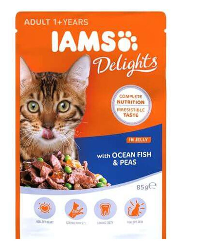 IAMS Cat Adult All Breeds Ocean Fish & Green Ryby s fazuľkou v omáčke 85 g 5 + 2 ZDARMA